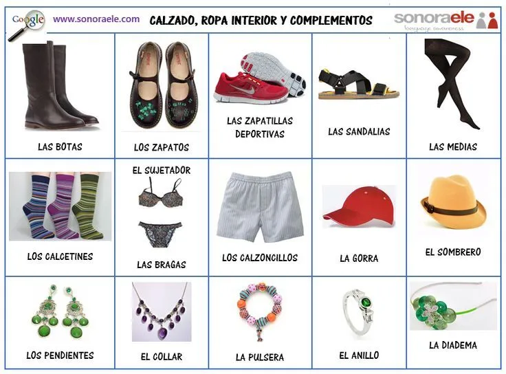 A1/A2 - Calzado, ropa interior y complementos. | Vocabulario ...