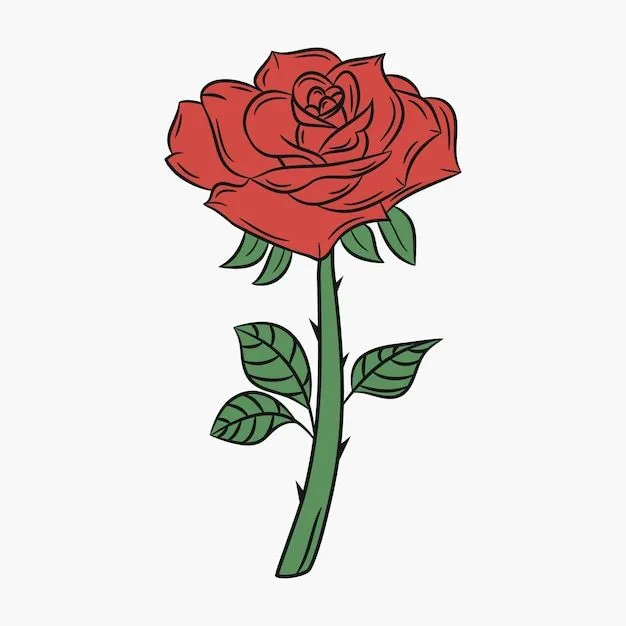 Rosa, flor con tallo y espinas. brote con pétalos rojos y hojas verdes.  ilustración vectorial. | Vector Premium