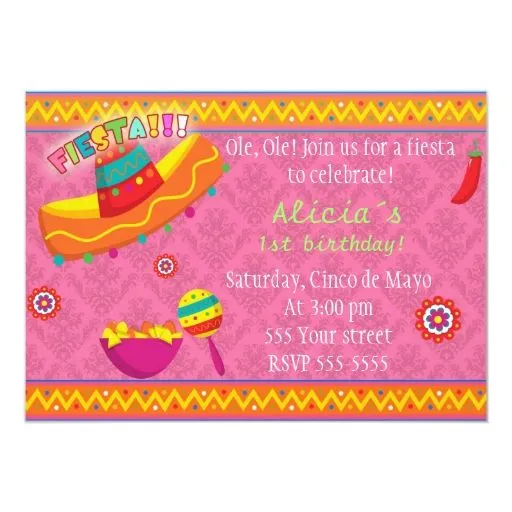 Rosa mexicano de la fiesta de cumpleaños del chica invitación 5" x ... Rosa mexicano de la fiesta de cumpleaños del chica invitación 5" x ...