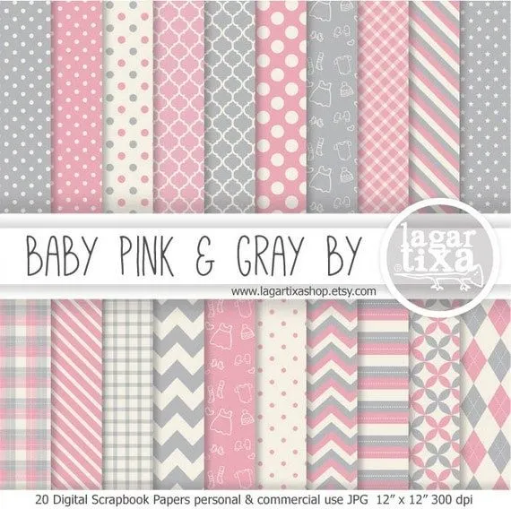 Rosa Pálido y gris papel digital para Baby shower por LagartixaShop Rosa Pálido y gris papel digital para Baby shower por LagartixaShop