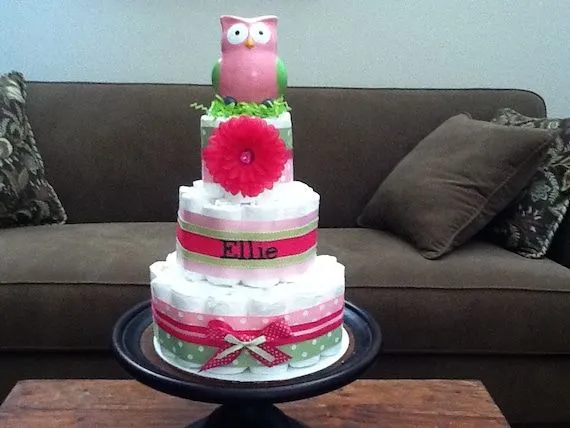 Rosa y verde lechuza niña pañal torta por bearbottomdiapercakes