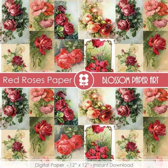 Rosas Rojas Papel Digital Flores Vintage para por blossompaperart Rosas Rojas Papel Digital Flores Vintage para por blossompaperart
