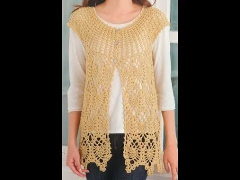 Saco Sin Mangas Motivos Piñas Ocre a Crochet - YouTube Saco Sin Mangas Motivos Piñas Ocre a Crochet - YouTube