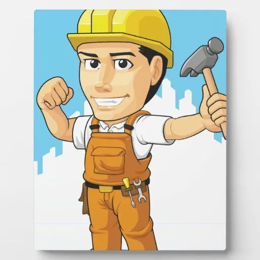 Dibujo animado del trabajador de construcción indu placas con foto ...