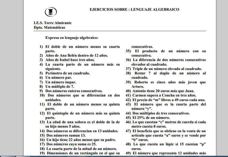 séptimo.carampangue2013: Lenguaje algebraico; ejercicios y soluciones séptimo.carampangue2013: Lenguaje algebraico; ejercicios y soluciones