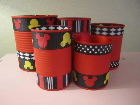 Set of 4 MICKEY MOUSE CANS Decorated in Red Black por partiesgalore Set of 4 MICKEY MOUSE CANS Decorated in Red Black por partiesgalore