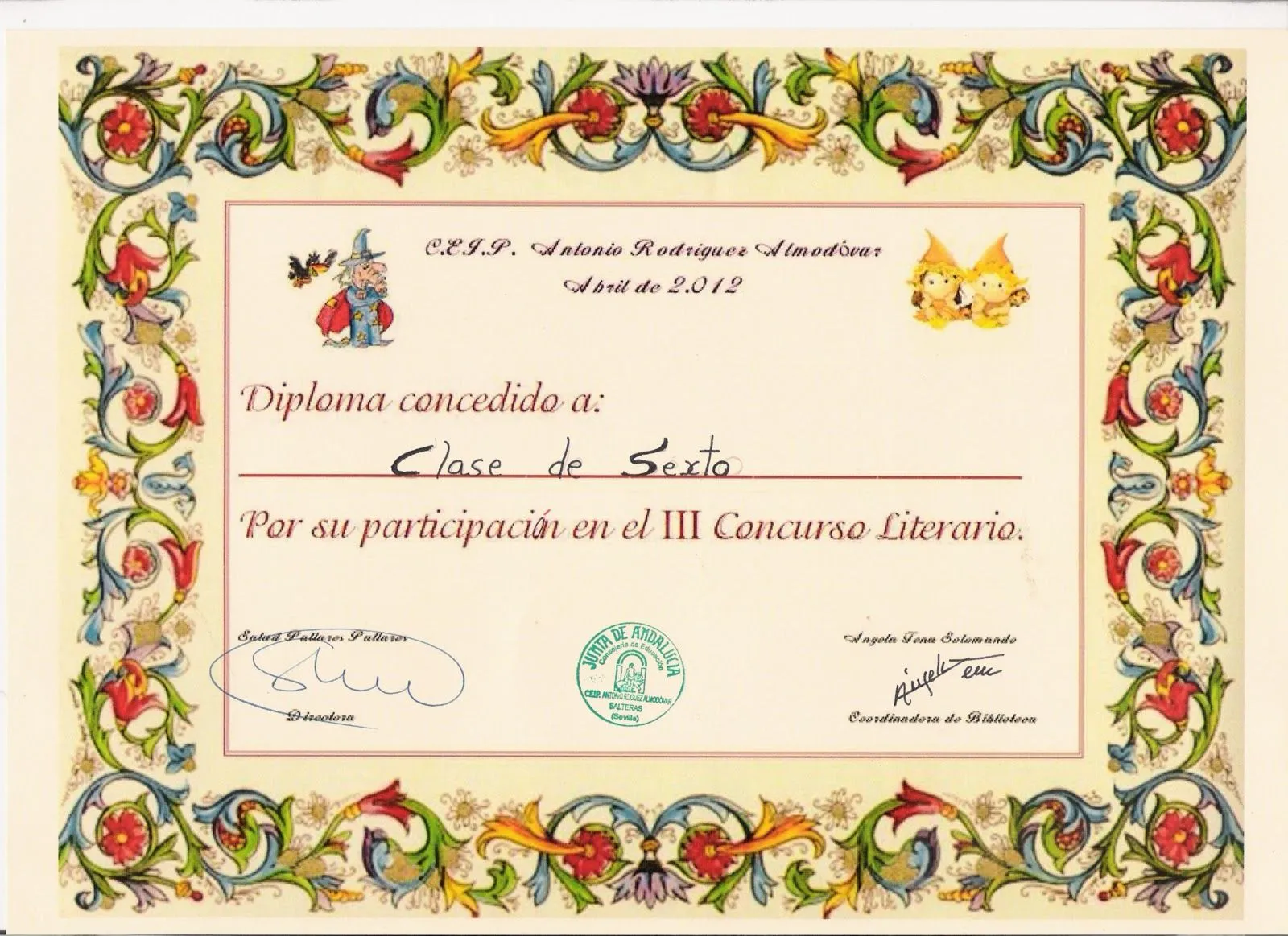 SEXTO ALMODOVAR: NUESTRO DIPLOMA DEL CONCURSO LITERARIO SEXTO ALMODOVAR: NUESTRO DIPLOMA DEL CONCURSO LITERARIO