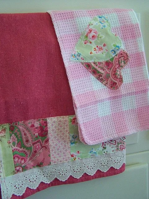 Shabby lace and hearts, Patchwork kitchen towel set. by Created by ... Shabby lace and hearts, Patchwork kitchen towel set. by Created by ...