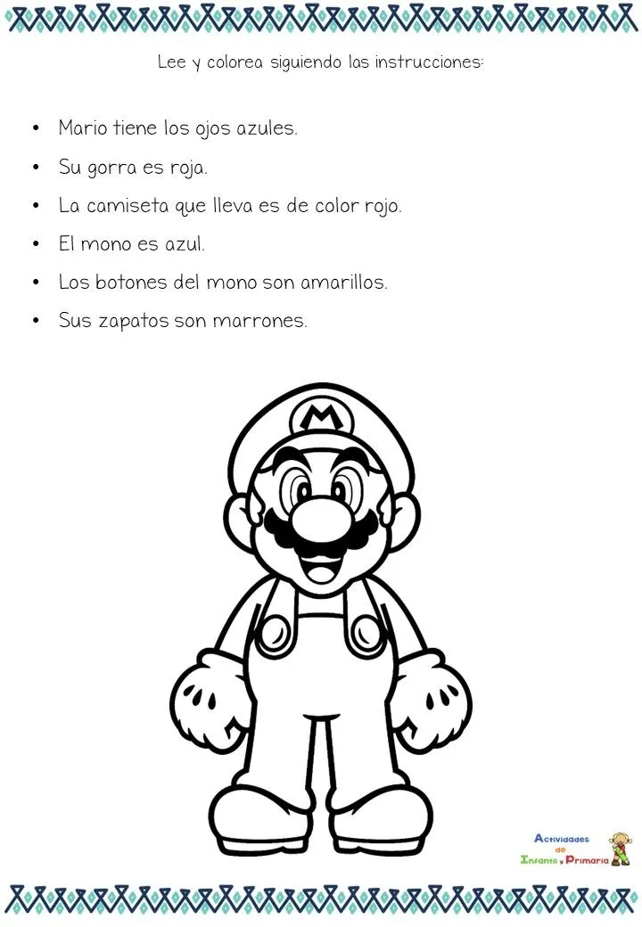 Siguiendo las instrucciones coloreamos los personajes de Super Mario