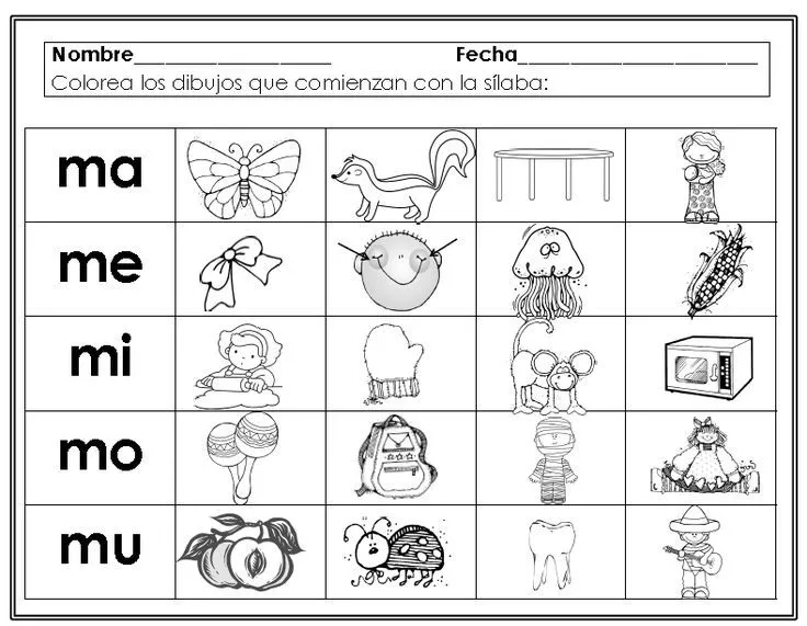 Sílabas con m - ma, me, mi, mo, mu Hojas de trabajo