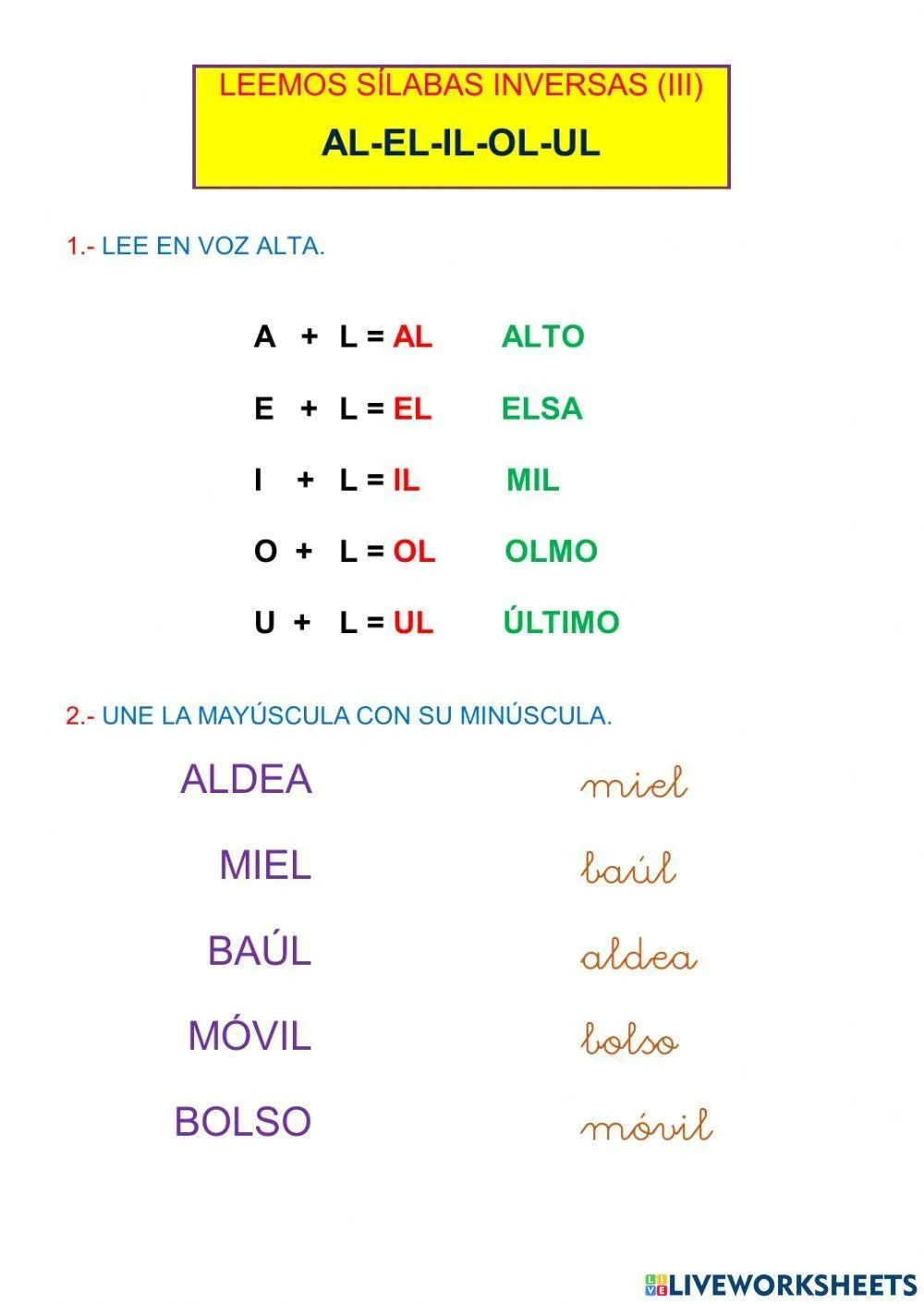 Sílabas inversas: AL-EL-IL-OL-UL worksheet | Live Worksheets