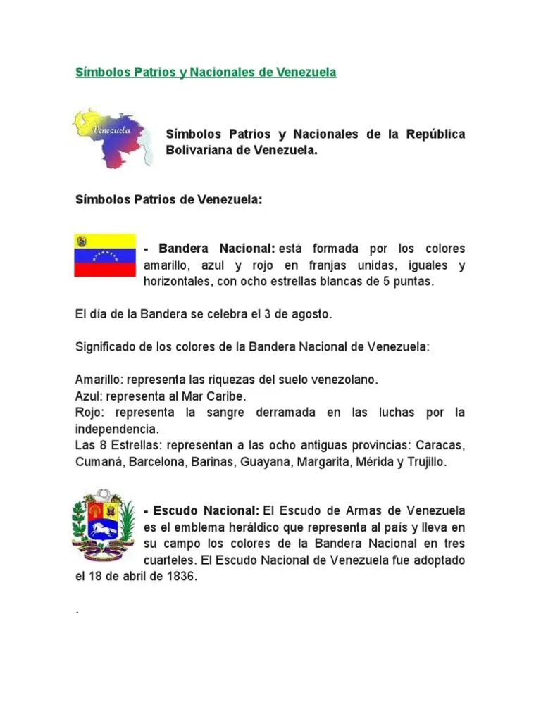 Símbolos Patrios y Nacionales de Venezuela | PDF | Venezuela | Aprendizaje Símbolos Patrios y Nacionales de Venezuela | PDF | Venezuela | Aprendizaje