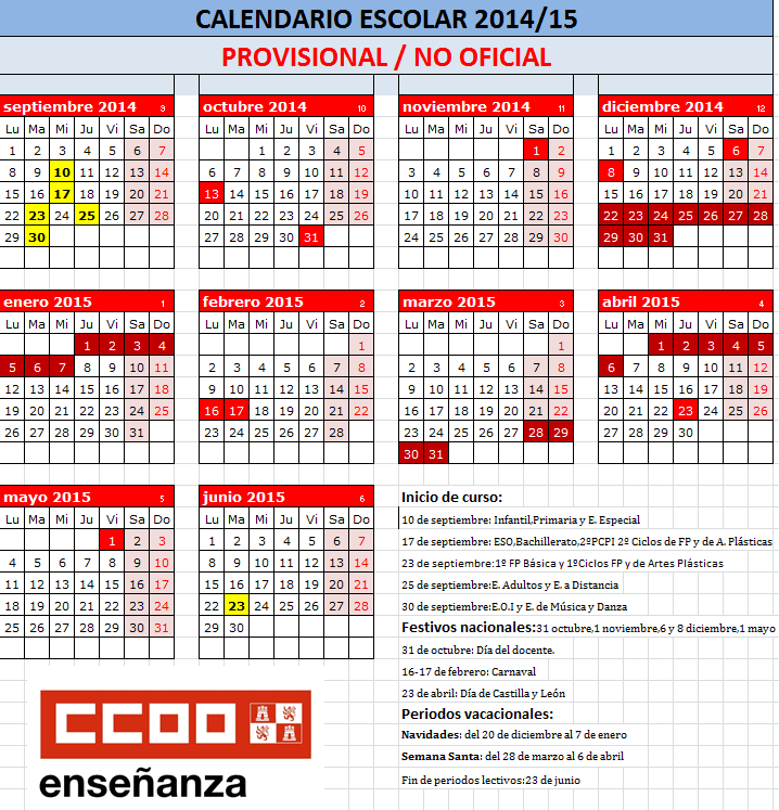 SINDICATO DE ENSEÑANZA CCOO LEÓN: CALENDARIO ESCOLAR PROVISIONAL ... SINDICATO DE ENSEÑANZA CCOO LEÓN: CALENDARIO ESCOLAR PROVISIONAL ...