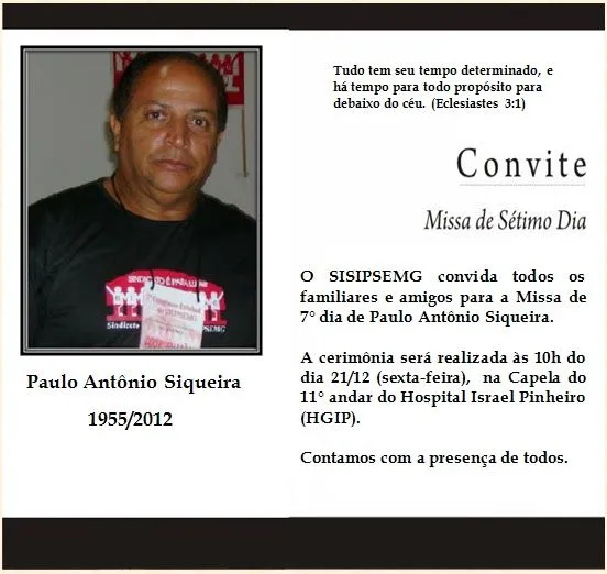 Sindicato dos Servidores do Ipsemg: SISIPSEMG convida para a missa ... Sindicato dos Servidores do Ipsemg: SISIPSEMG convida para a missa ...