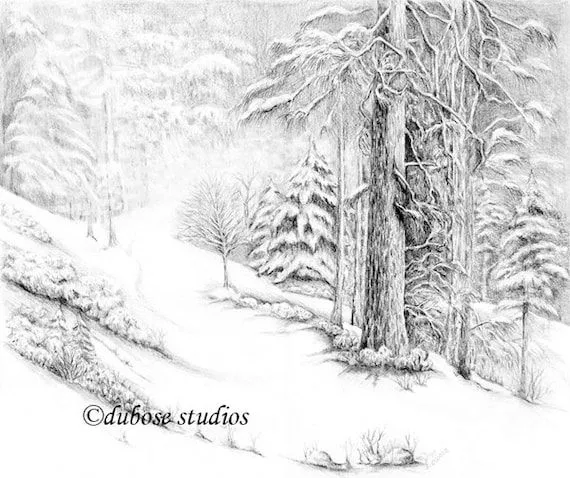 Snowy sendero lápiz dibujo grabado por ARTbyDuBose en Etsy