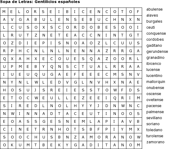 Pasatiempos para Imprimir: Sopa de Letras - Gentilicios españoles