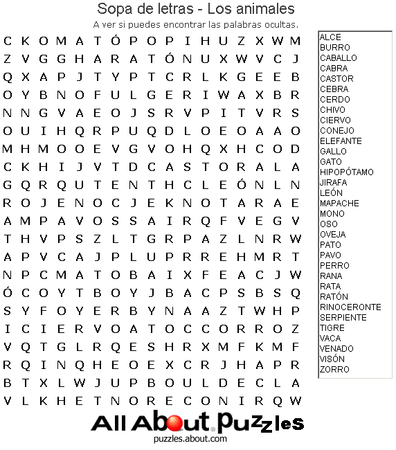 Sopa de letras - Los animales
