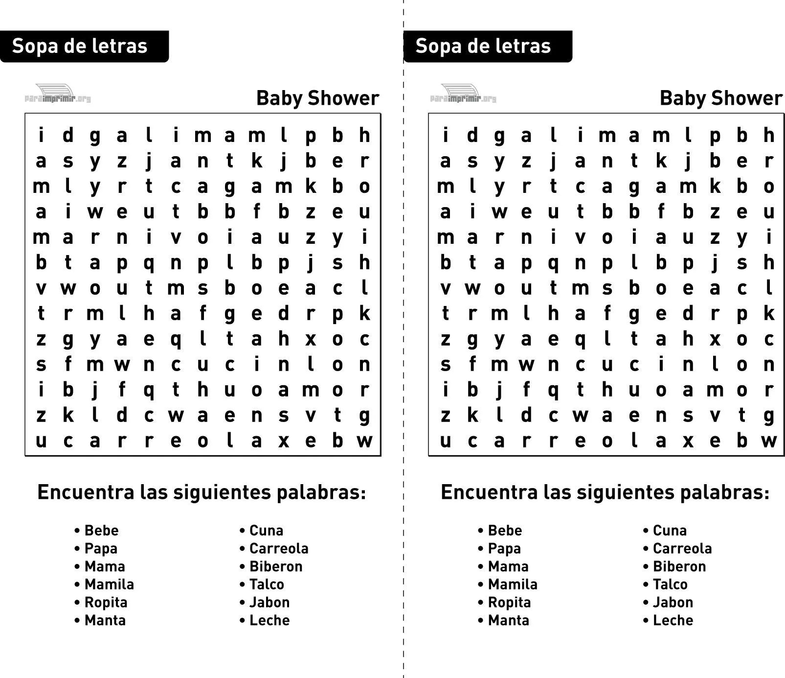 Sopa de letras Baby Shower para imprimir en PDF 2023