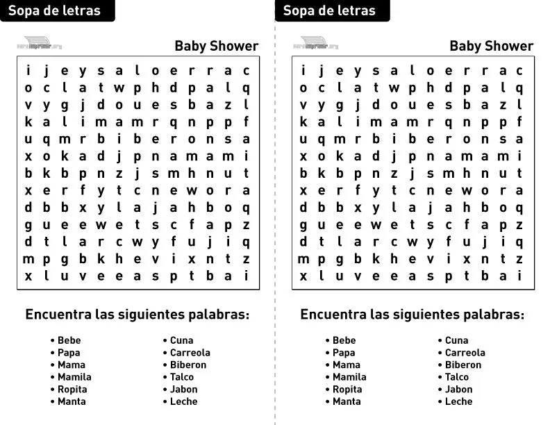 Sopa de letras Baby Shower para imprimir en PDF 2023