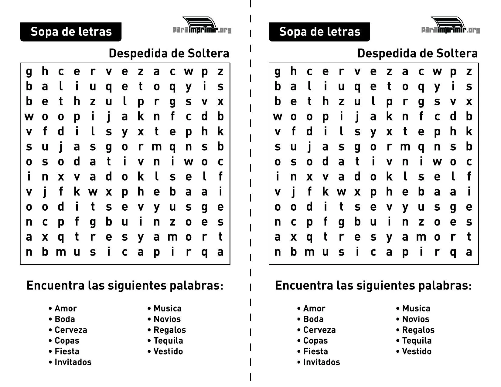 Sopa de letras para despedida de soltera para imprimir en PDF 2023 Sopa de letras para despedida de soltera para imprimir en PDF 2023