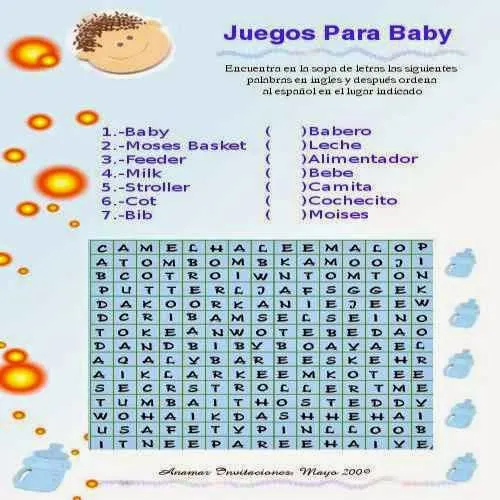 Sopa de letras como juego para baby shower ~ Frases de cumpleaños