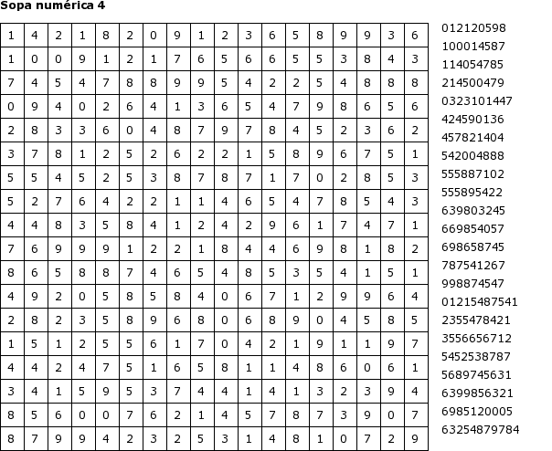 Sopas de numeros para imprimir - Imagui