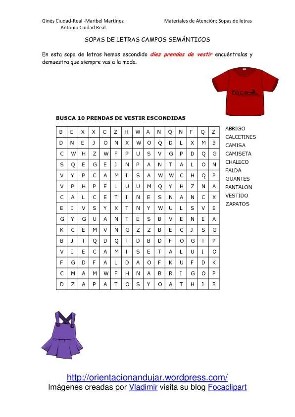 Sopa de letras en inglés de ropa - Imagui