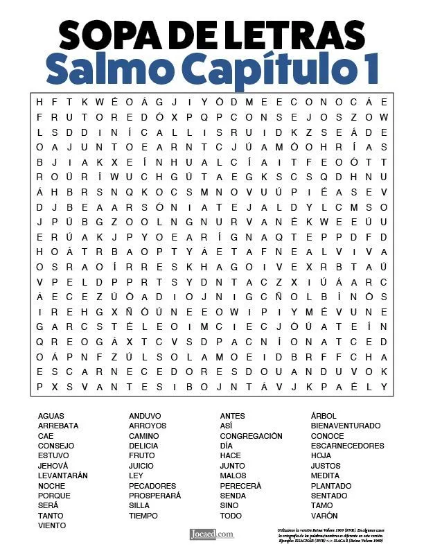Sopa de Letras: Salmos Capítulo 1 | Sopa de letras, Sopas de letras para imprimir gratis, Lecciones objetivas de la biblia Sopa de Letras: Salmos Capítulo 1 | Sopa de letras, Sopas de letras para imprimir gratis, Lecciones objetivas de la biblia