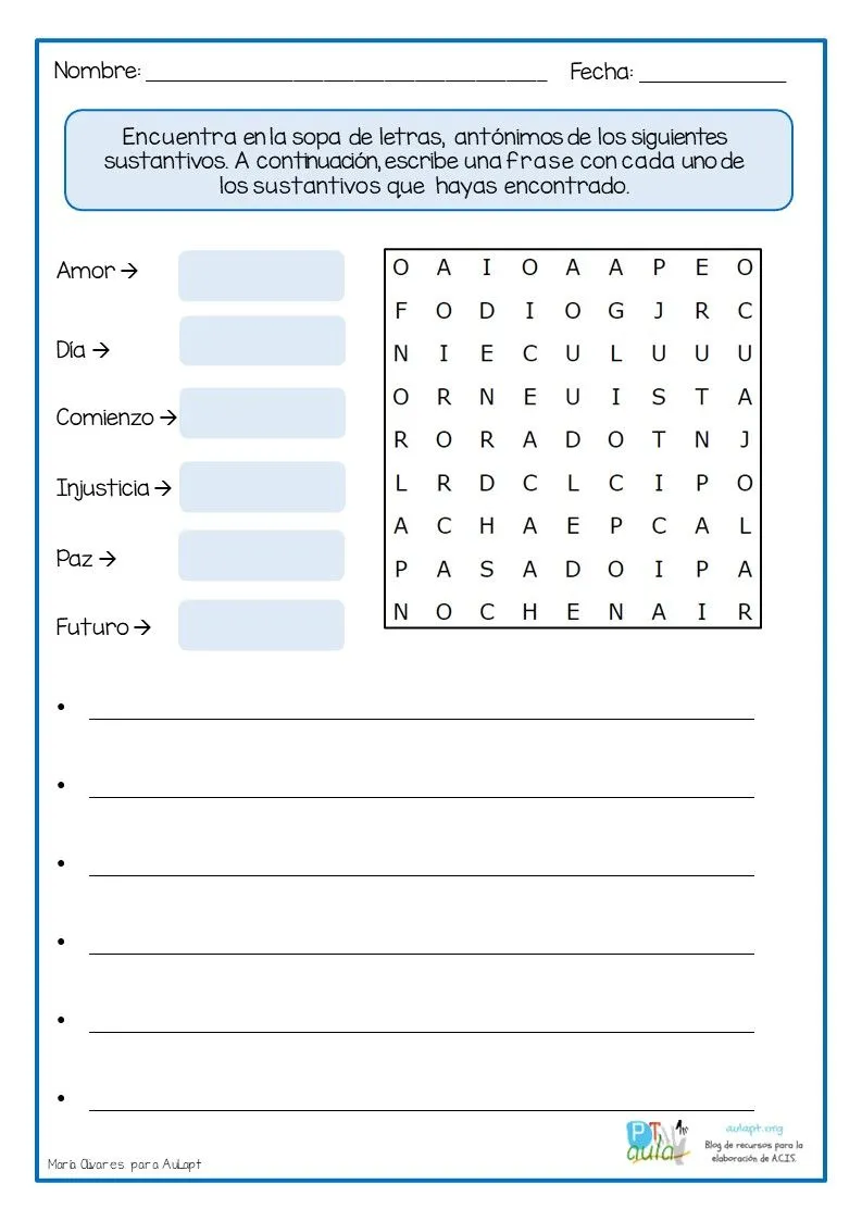 Sopa de letras: Sustantivos antónimos - Aula PT