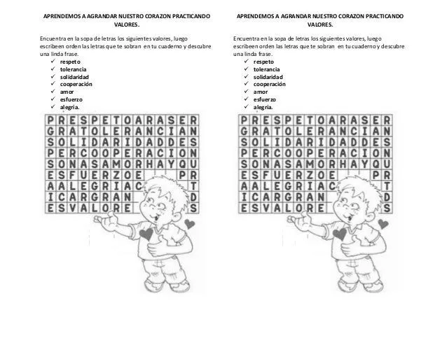 SOPA DE LETRAS, LOS VALORES