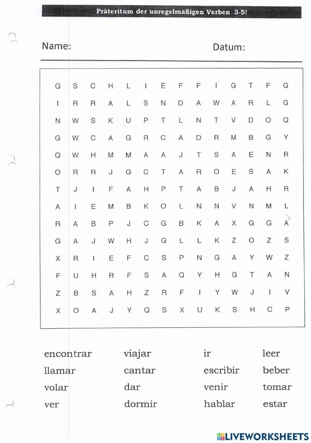 Sopa de letras verbos pasado verbos irregulares worksheet | Live Worksheets
