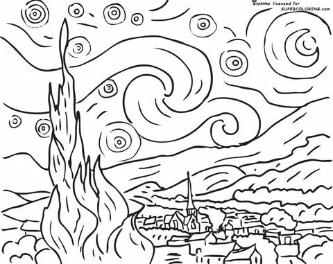 Starry Night By Vincent Van Gogh coloring page | Super Coloring Starry Night By Vincent Van Gogh coloring page | Super Coloring