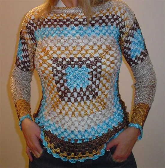 Sueter de hilo de seda celeste combinado con tonos amarrillo ... Sueter de hilo de seda celeste combinado con tonos amarrillo ...