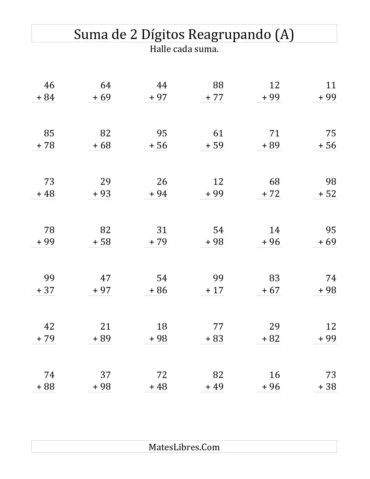Suma de Dos Dígitos Reagrupando Siempre (A) Hojas de Ejercicios de ...