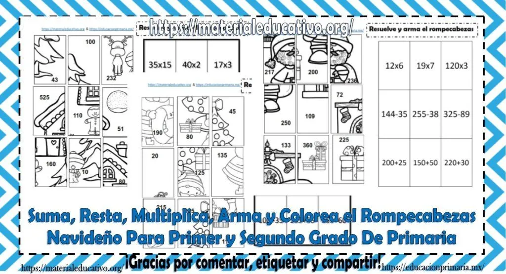 Suma, resta, multiplica, arma y colorea el rompecabezas navideño de tercer y cuarto grado de primaria | Material Educativo Suma, resta, multiplica, arma y colorea el rompecabezas navideño de tercer y cuarto grado de primaria | Material Educativo