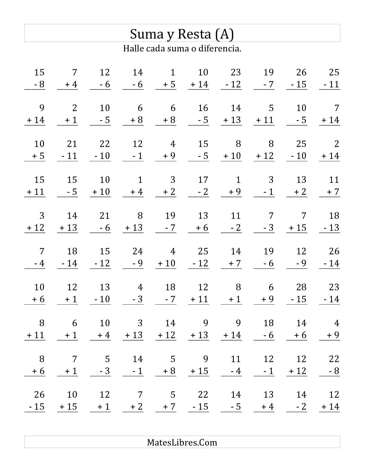 Sumar y Restar, Rango de 1 a 15 (A) Hojas de Ejercicios de ... Sumar y Restar, Rango de 1 a 15 (A) Hojas de Ejercicios de ...