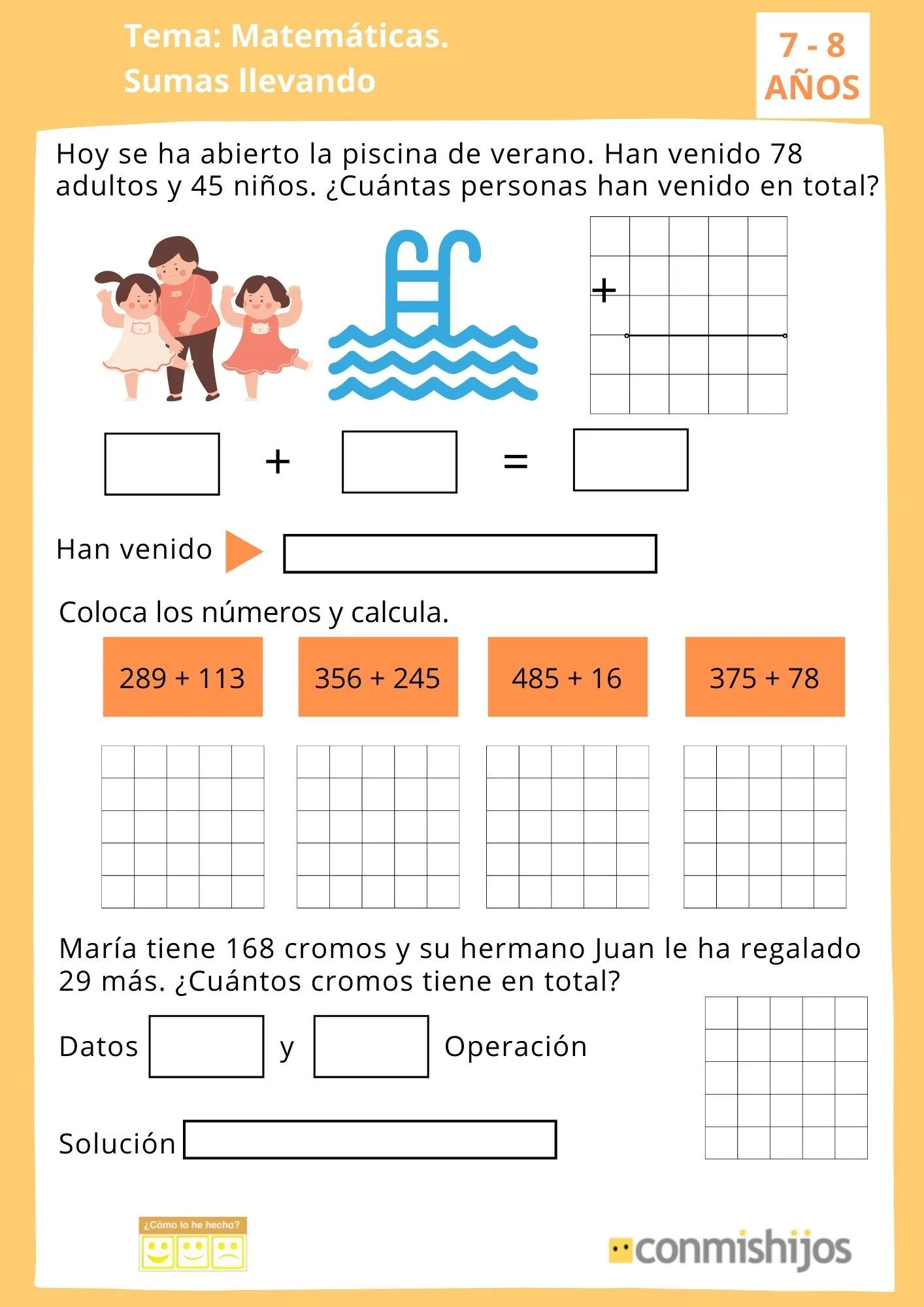 Sumas con llevadas. Ficha de matemáticas para 2º de Primaria Sumas con llevadas. Ficha de matemáticas para 2º de Primaria