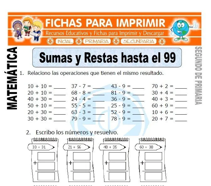 Sumas y Restas para Segundo de Primaria - Fichas para Imprimir Sumas y Restas para Segundo de Primaria - Fichas para Imprimir