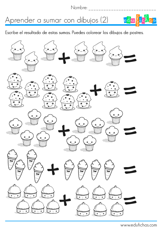 Sumas visuales con dibujos. Matemáticas simples.