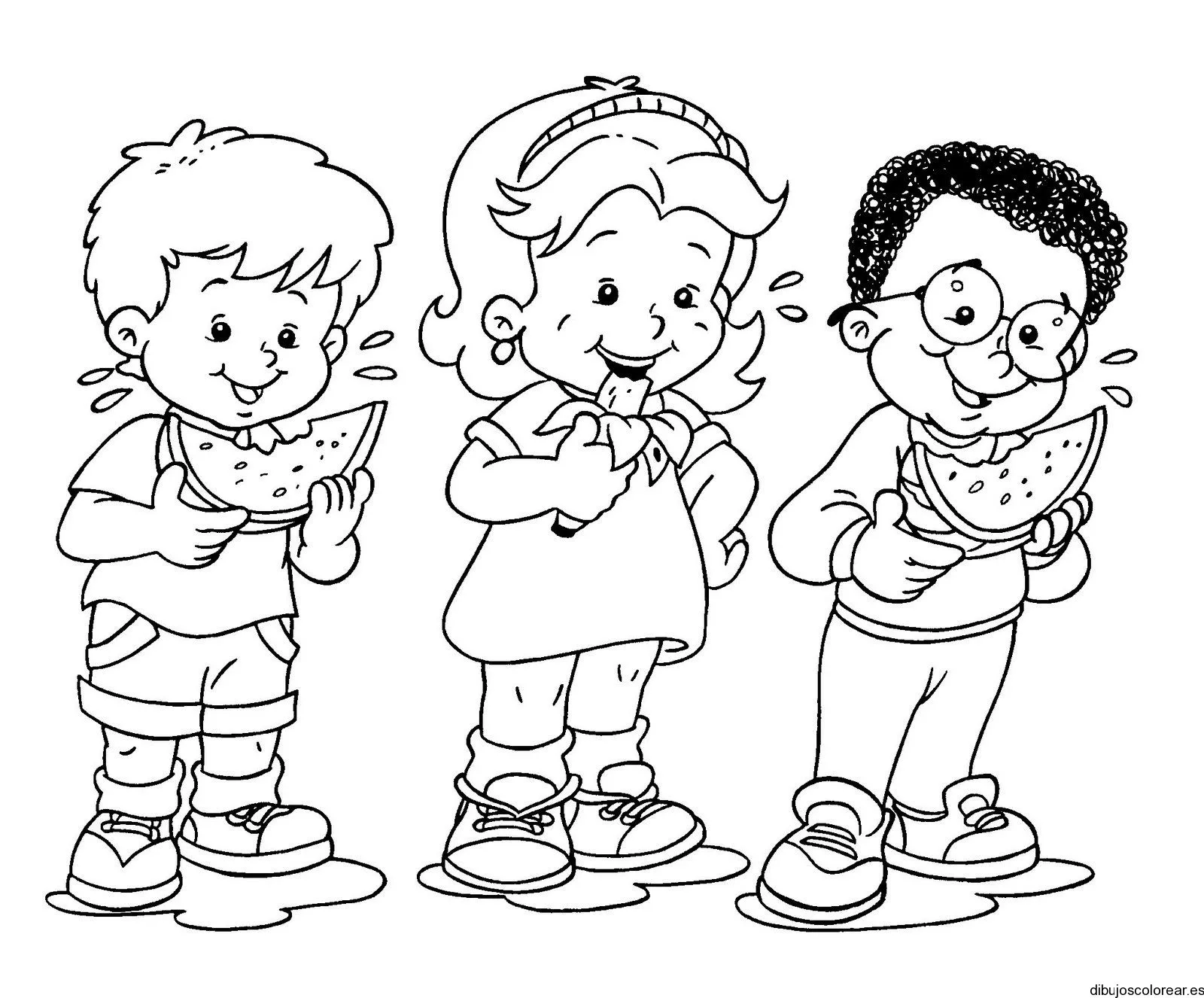 Dibujo de tres niños comiendo frutas | Dibujos para Colorear