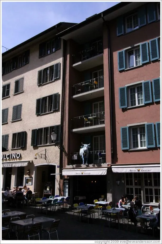 Swiss Chuci restaurant, with tables and cow on balconies. Altstadt ...