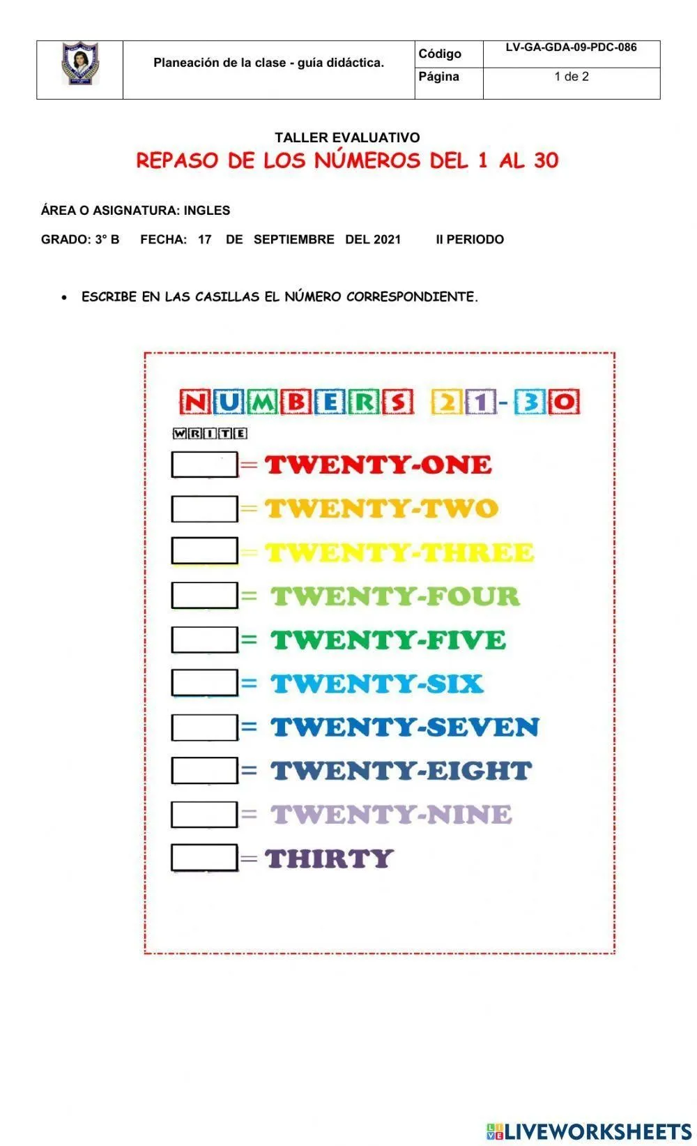Taller de numeros en ingles worksheet | Live Worksheets Taller de numeros en ingles worksheet | Live Worksheets