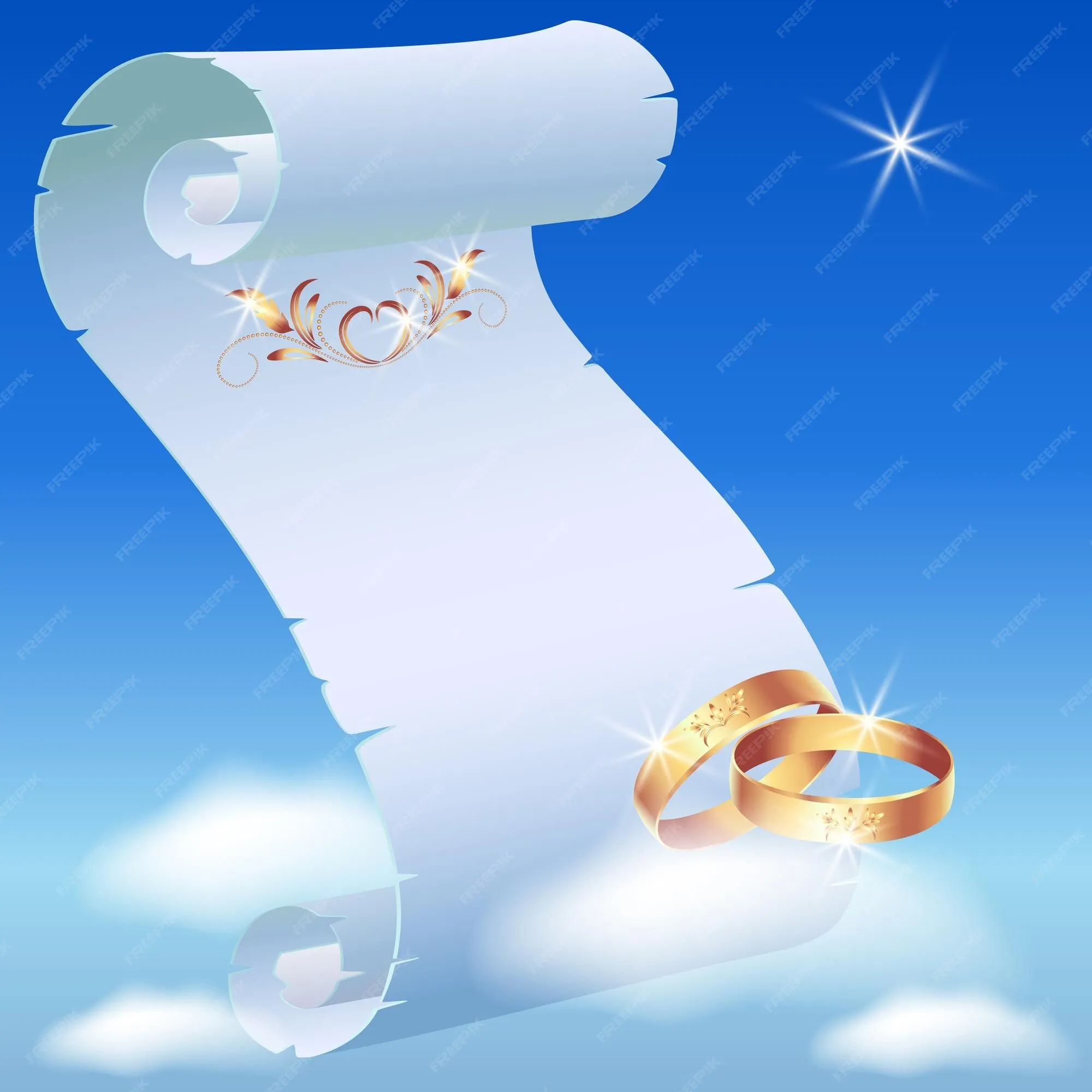 Tarjeta con anillos de boda en el cielo y rollo de pergamino en las nubes |  Vector Premium