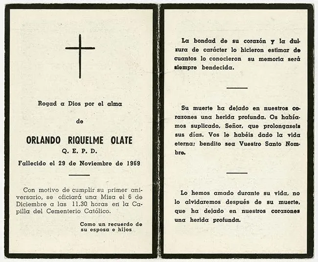 Tarjeta del primer aniversario de defunción de Orlando Riquelme Olate |  SURDOC
