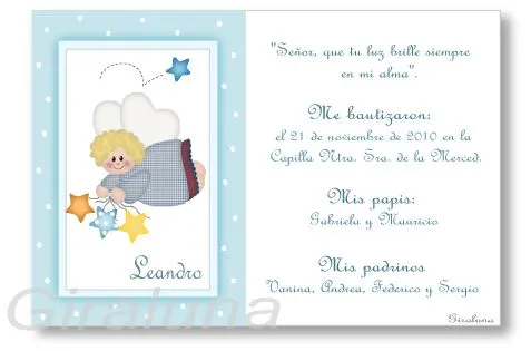 Tarjeta de bautismo “ángel c/ estrellas” | Invitaciones Giraluna