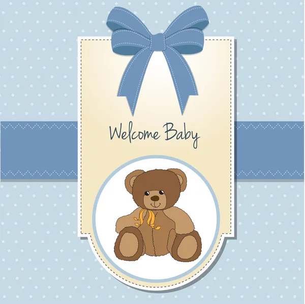 Tarjeta de bienvenida de niño bebé con oso de peluche — Foto stock ...