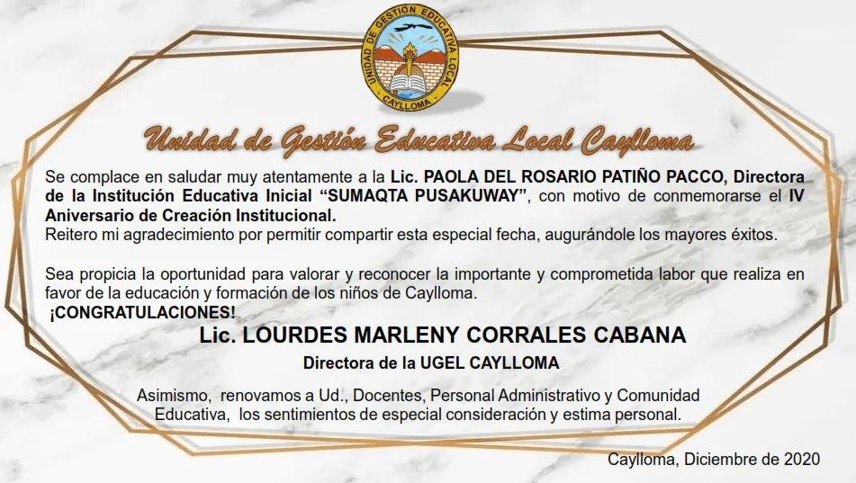 TARJETA DE SALUDO INSTITUCIONAL POR IV ANIVERSARIO DE I.E. TARJETA DE SALUDO INSTITUCIONAL POR IV ANIVERSARIO DE I.E.