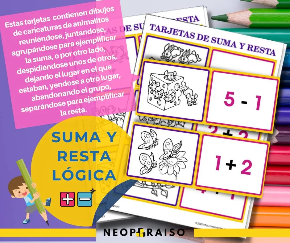 Tarjetas con Dibujos de Suma y Resta.