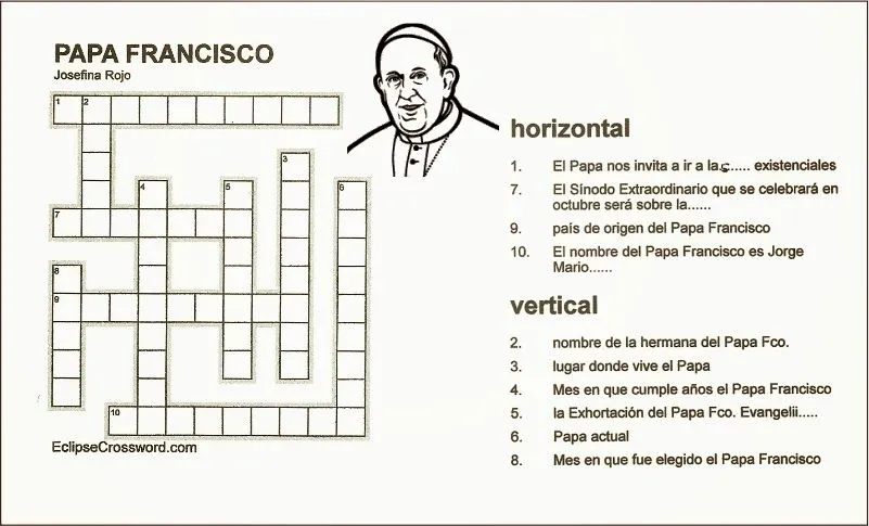 TARJETAS Y ORACIONES CATOLICAS: CRUCIGRAMA PAPA FRANCISCO