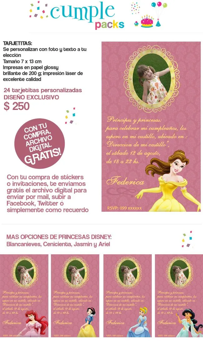 Cumple Packs: Princesas Disney. Tarjetas y stickers personalizados con ...